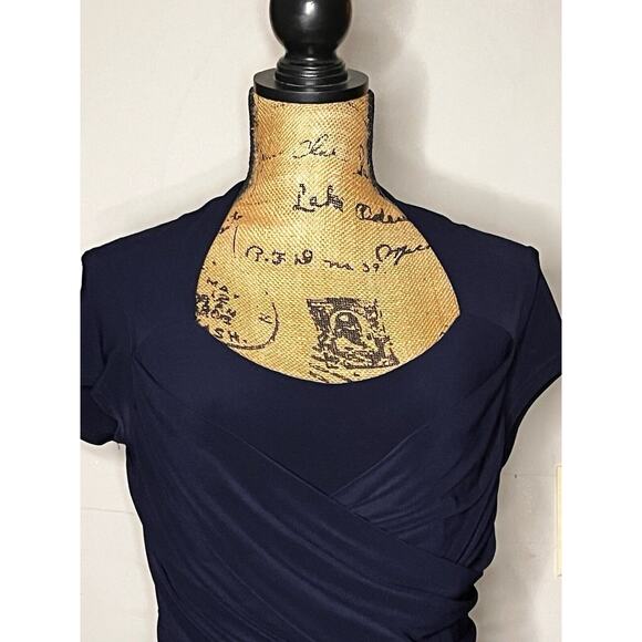 JOSEPH RIBKOFF DK NAVY BLUE STRETCH KNIT HIGH LOW DRESS SIZE 6 WRAPPED BODICE - Picture 2 of 6